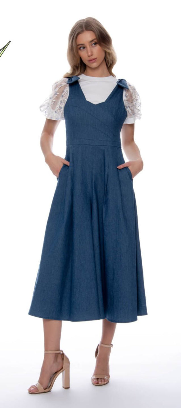 Sleeveless Bow Shoulder Wide-Leg Denim Jumpsuit