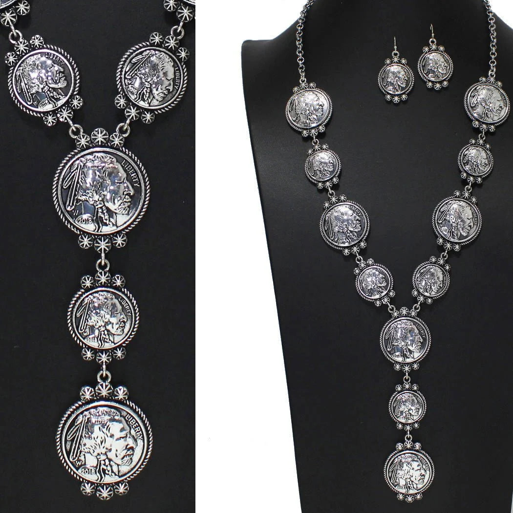 WESTERN THEMED TRIBE ENGRAVED COIN Y SHAPED NECKLACE