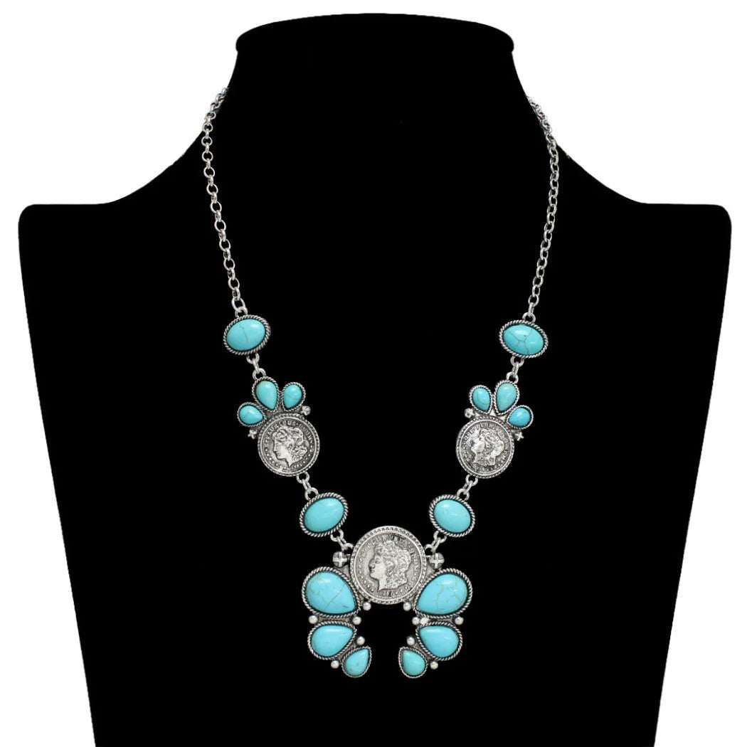 WESTERN ENGRAVED COIN ACCENT TURQUOISE SQUASH BLOSSOM NECKLACE