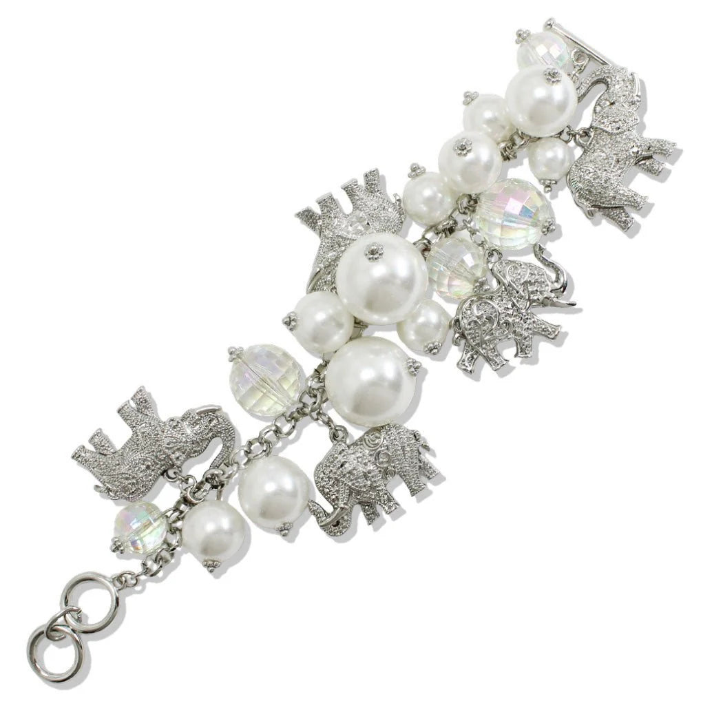 ELEPHANT GLASS PEARL MULTI CHARM TOGGLE BRACELET