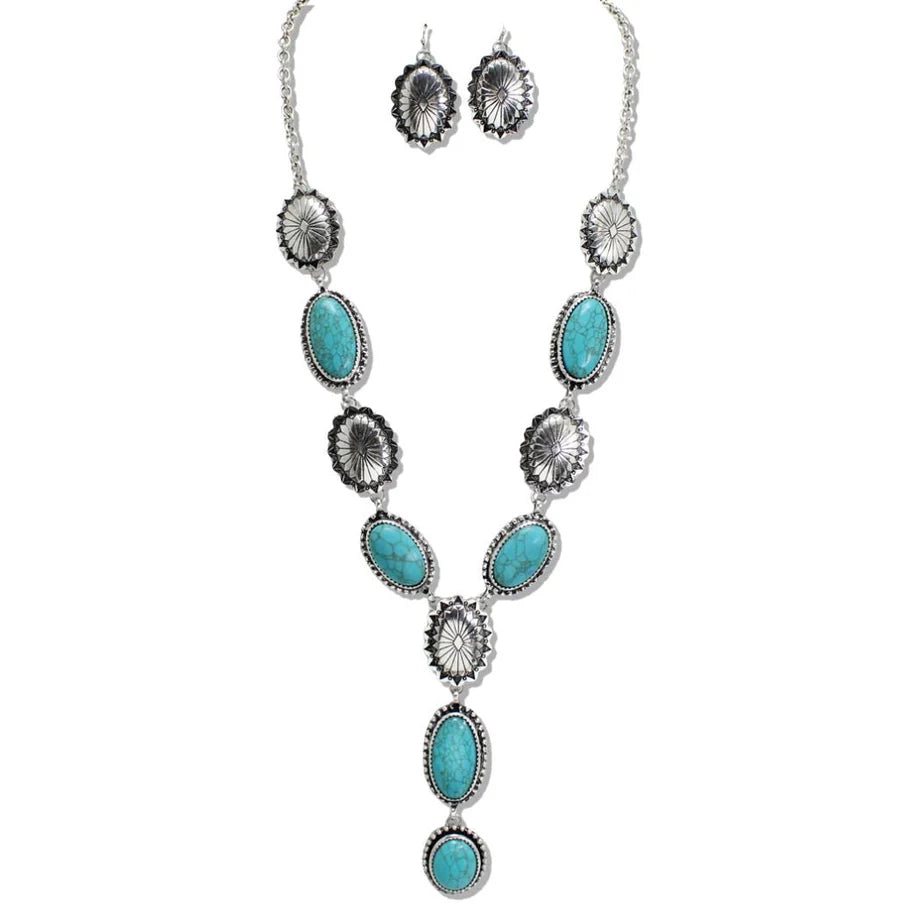 WESTERN TURQUOISE AND CONCHO Y DROP NECKLAC