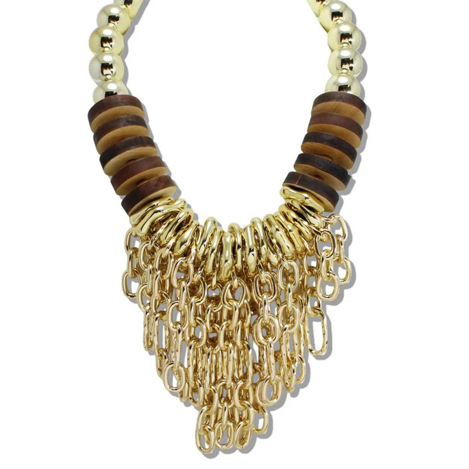 BEADED AND WOOD DISC FRINGE STATEMENT NECKLACE