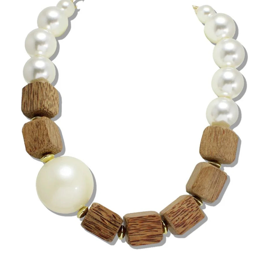 CHUNKY PEARL AND NATURAL WOOD BEAD STATEMENT NECKLACE