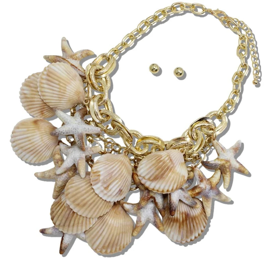 NATURAL CHUNKY COASTAL INSPIRED SHELL STARFISH CHARM NECKLACE