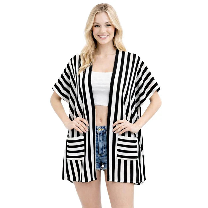 STRIPED OPEN FRONT KIMONO CARDIGAN WITH POCKETS