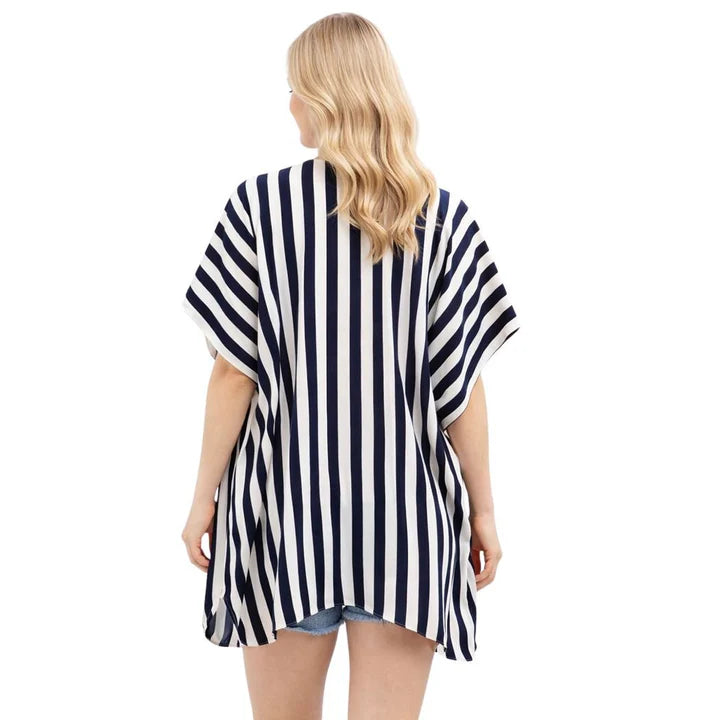STRIPED OPEN FRONT KIMONO CARDIGAN WITH POCKETS