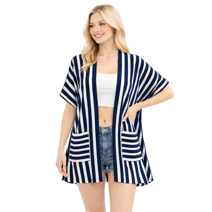 STRIPED OPEN FRONT KIMONO CARDIGAN WITH POCKETS
