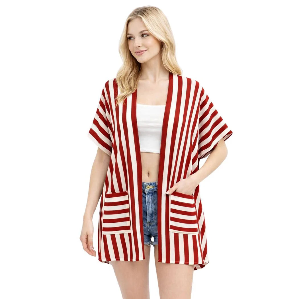 STRIPED OPEN FRONT KIMONO CARDIGAN WITH POCKETS