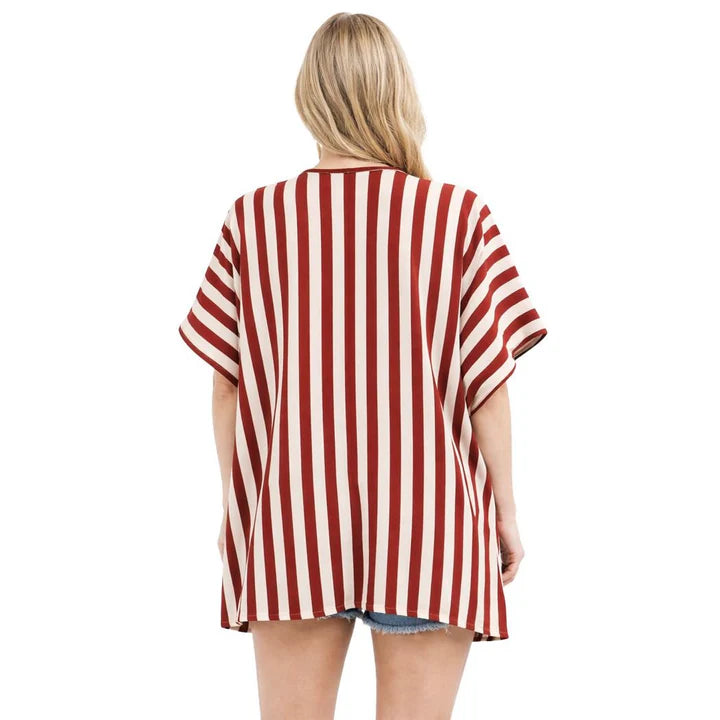 STRIPED OPEN FRONT KIMONO CARDIGAN WITH POCKETS