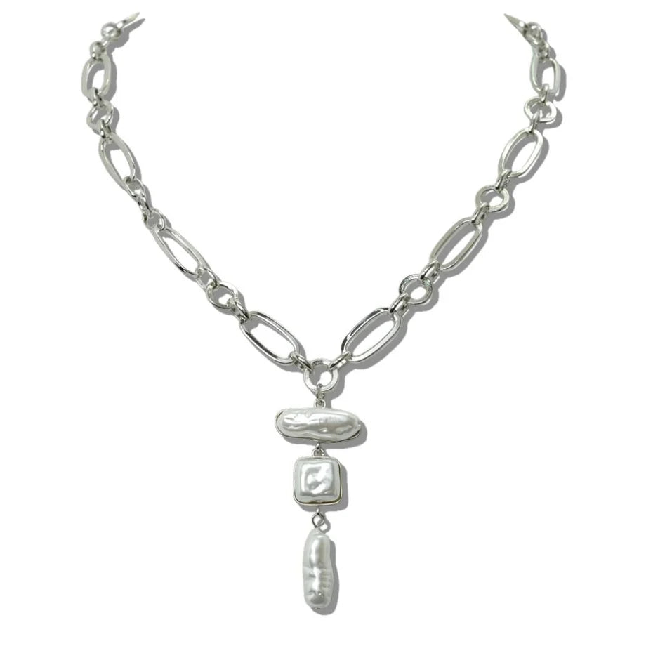 GEOMETRIC TRIPLE BAROQUE PEARL LINK NECKLACE