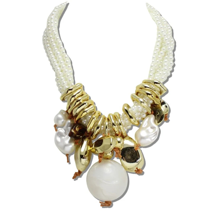 CHUNKY BAROQUE PEARL AND GOLD TEXTURED CLUSTER TOGGLE NECKLACE