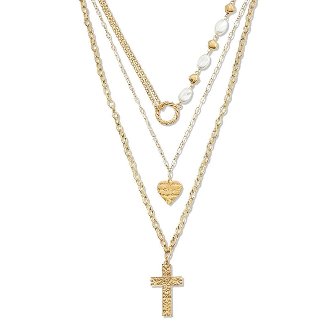 3 STRAND LAYERED HEART AND CROSS PENDANT NECKLACE WITH PEARLS