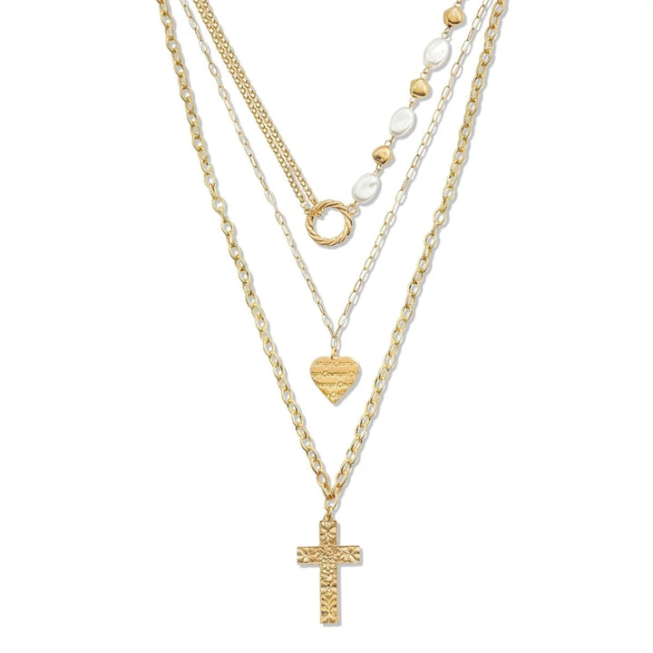3 STRAND LAYERED HEART AND CROSS PENDANT NECKLACE WITH PEARLS
