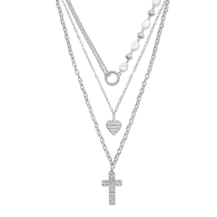 3 STRAND LAYERED HEART AND CROSS PENDANT NECKLACE WITH PEARLS