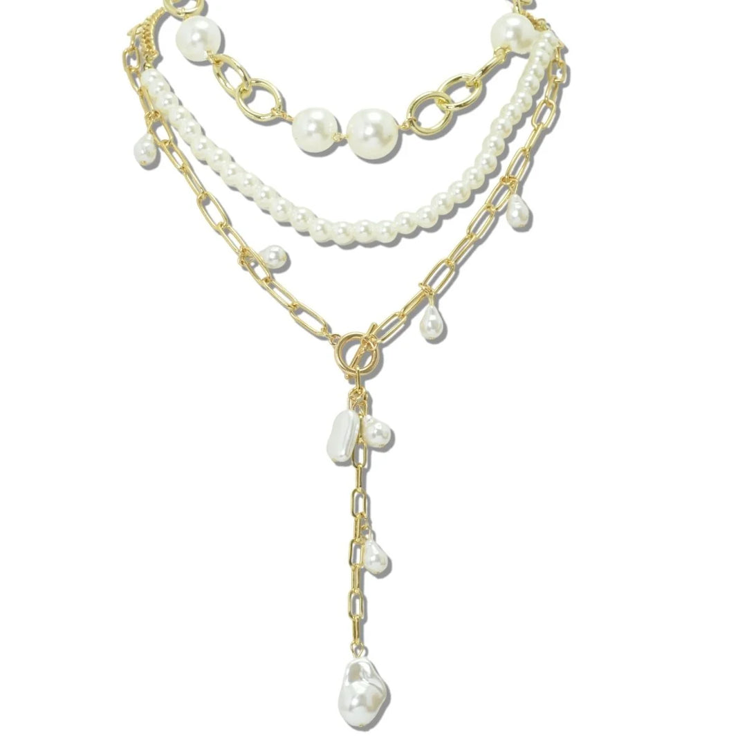 3 PIECE LAYERED PEARL AND LINK CHAIN LARIAT NECKLACE SET