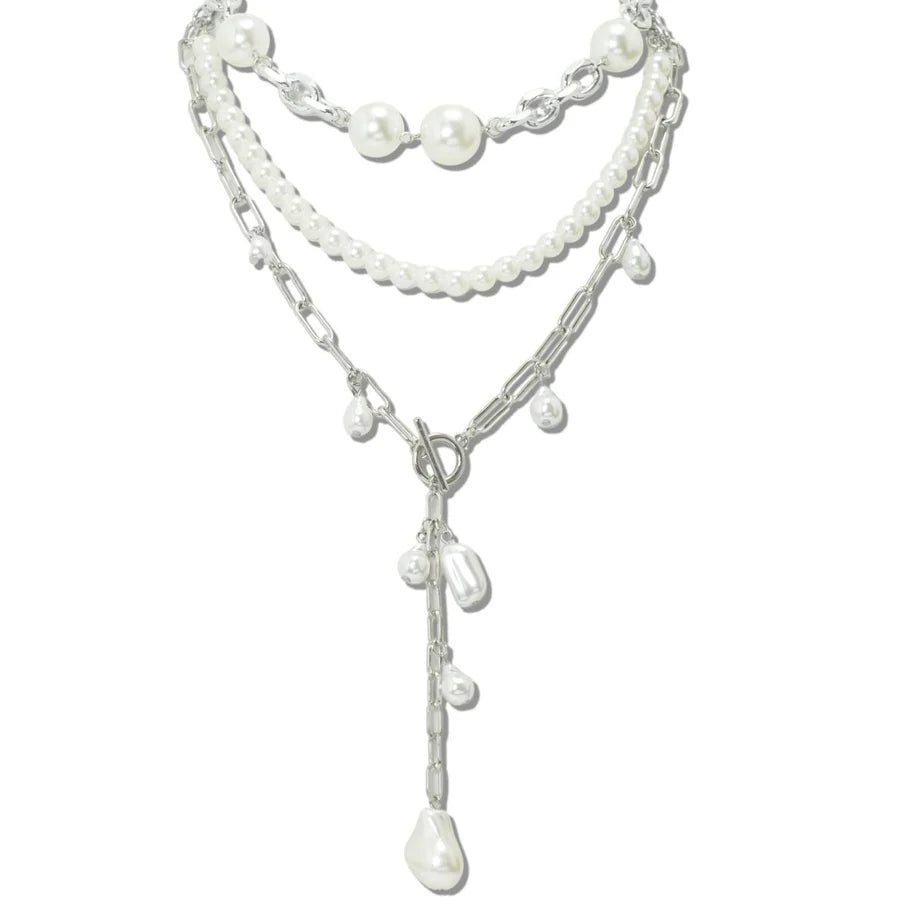 3 PIECE LAYERED PEARL AND LINK CHAIN LARIAT NECKLACE SET