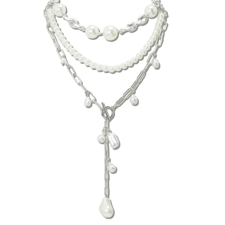 3 PIECE LAYERED PEARL AND LINK CHAIN LARIAT NECKLACE SET