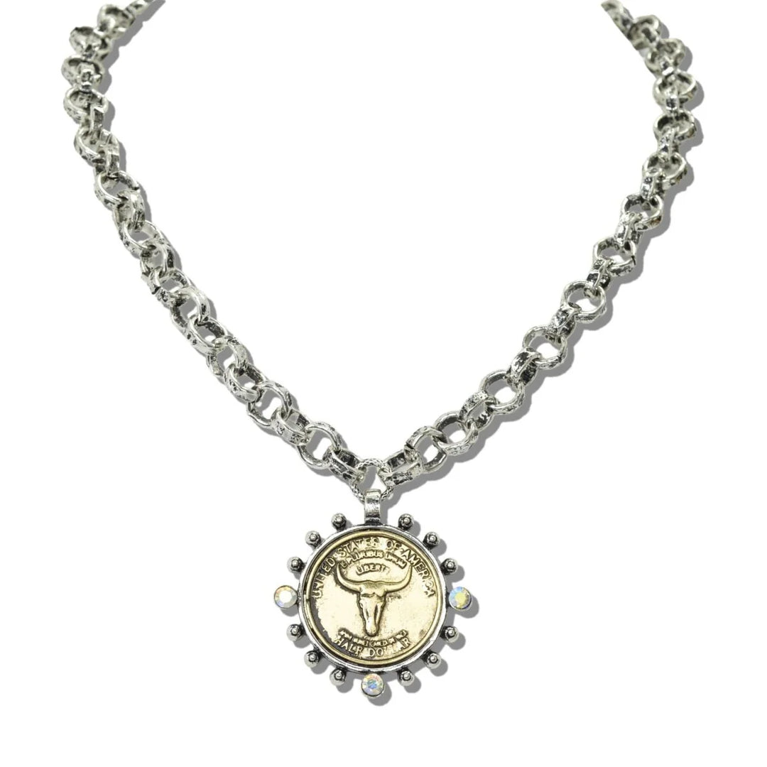 WESTERN LONGHORN STEER HEAD COIN NECKLACE