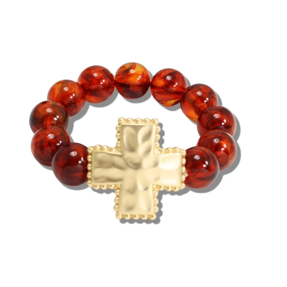 HAMMERED CROSS AND MARBLED BEAD STRETCH BRACELET