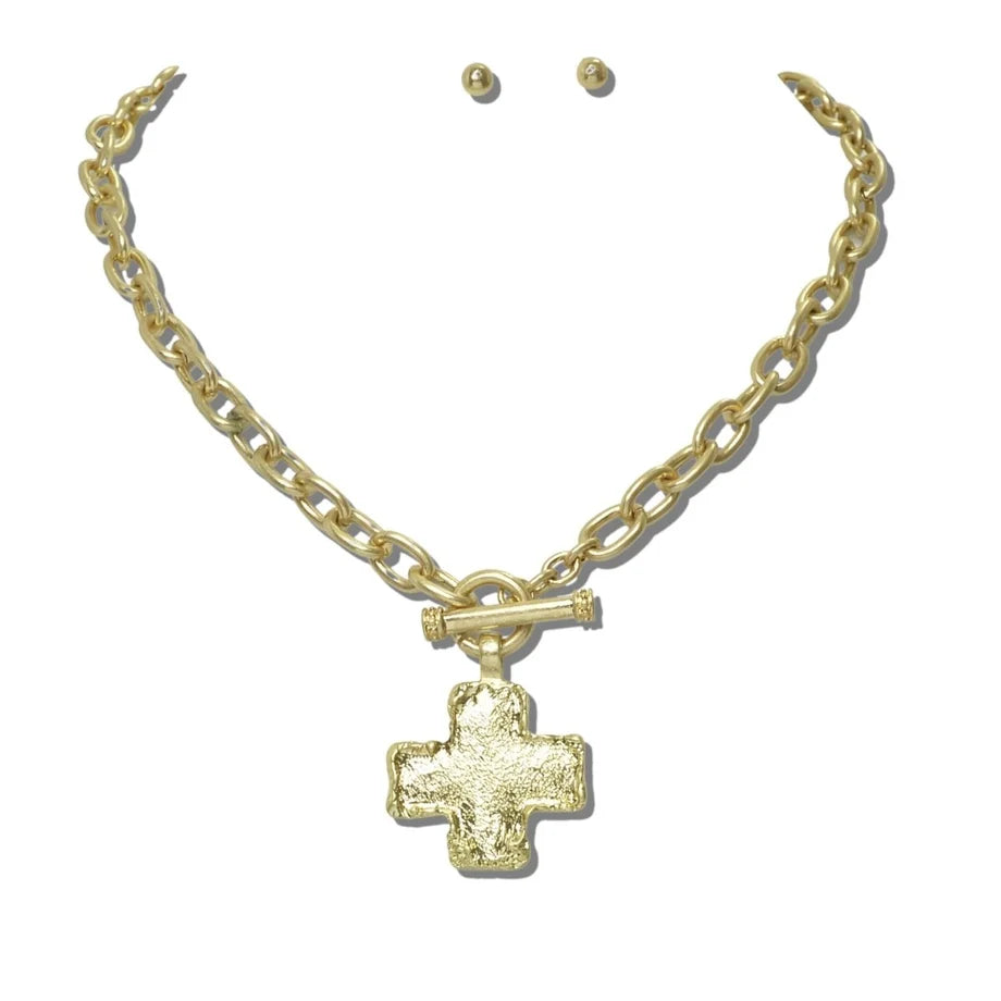WATER RESISTANT 24K GOLD AND RADIANT SILVER TONE HAMMERED CROSS TOGGLE CHAIN NECKLACE