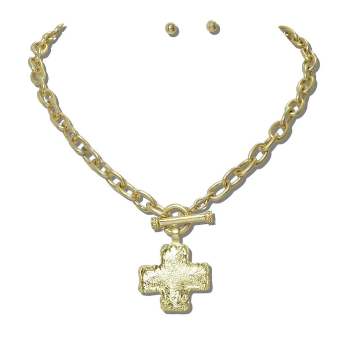 WATER RESISTANT 24K GOLD AND RADIANT SILVER TONE HAMMERED CROSS TOGGLE CHAIN NECKLACE