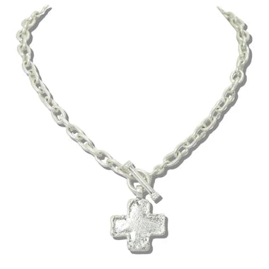 WATER RESISTANT 24K GOLD AND RADIANT SILVER TONE HAMMERED CROSS TOGGLE CHAIN NECKLACE