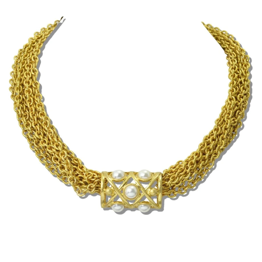 WATER RESISTANT 24K GOLD TONE LATTICE PEARL CENTERPIECE MESH NECKLACE, 113495