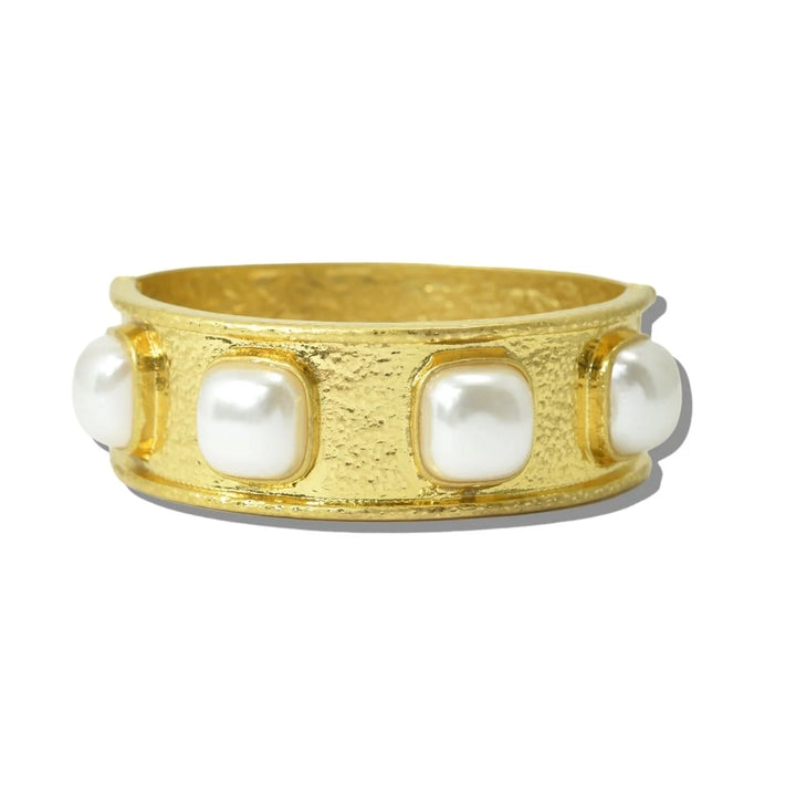 WATER RESISTANT 24K GOLD TONE HALF CUSHION PEARL STRETCH BRACELET
