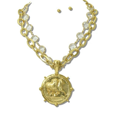 WATER RESISTANT 24K GOLD TONE HORSE COIN PENDANT LAYERED CHAIN NECKLACE