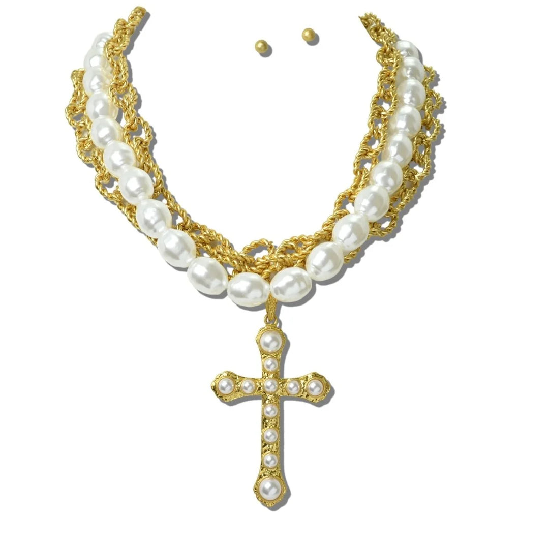 24K GOLD TONE WATER RESISTANT PEARL AND ROPE CHAIN CROSS NECKLACE