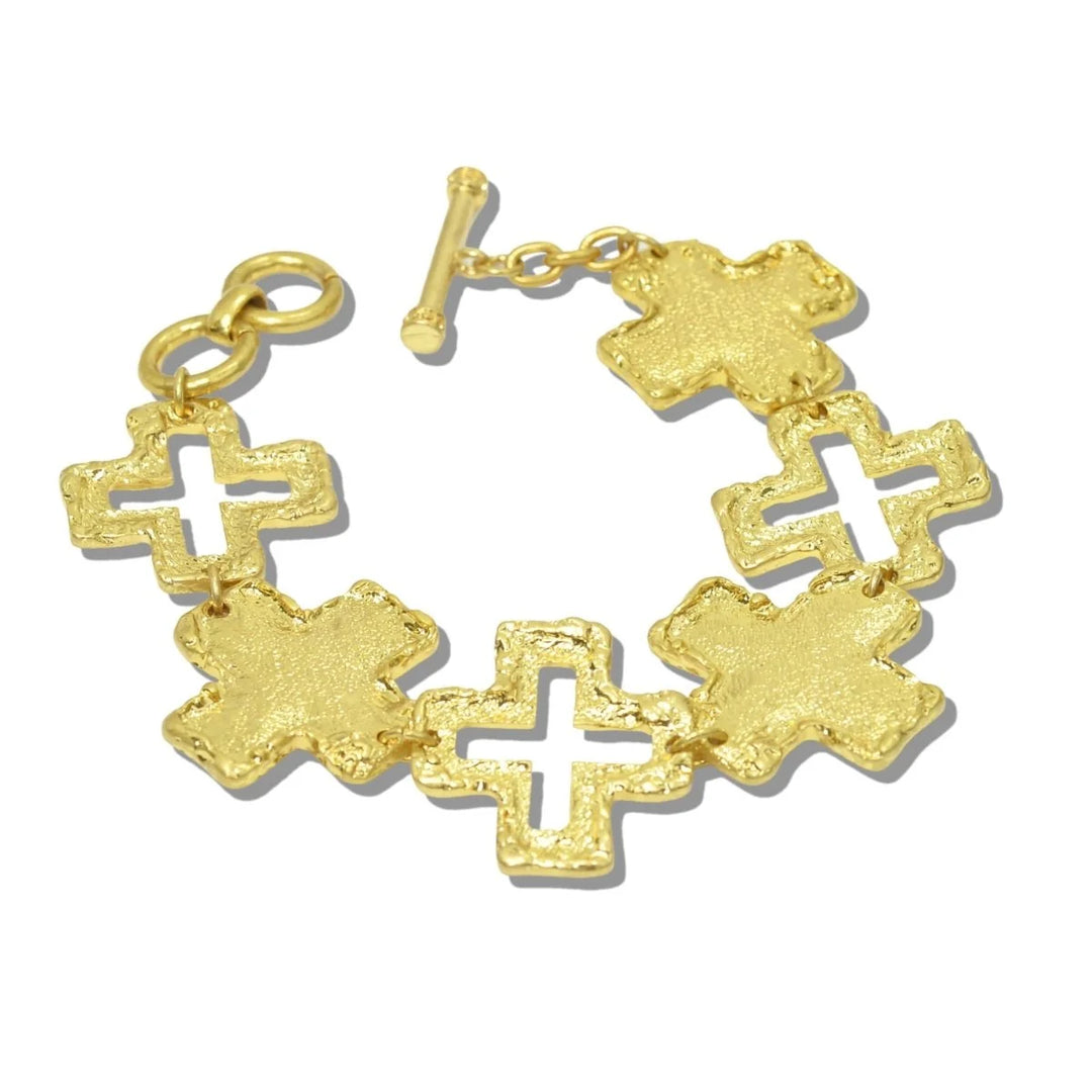 24K GOLD TONE WATER-RESISTANT HAMMERED CROSS LINK TOGGLE BRACELET