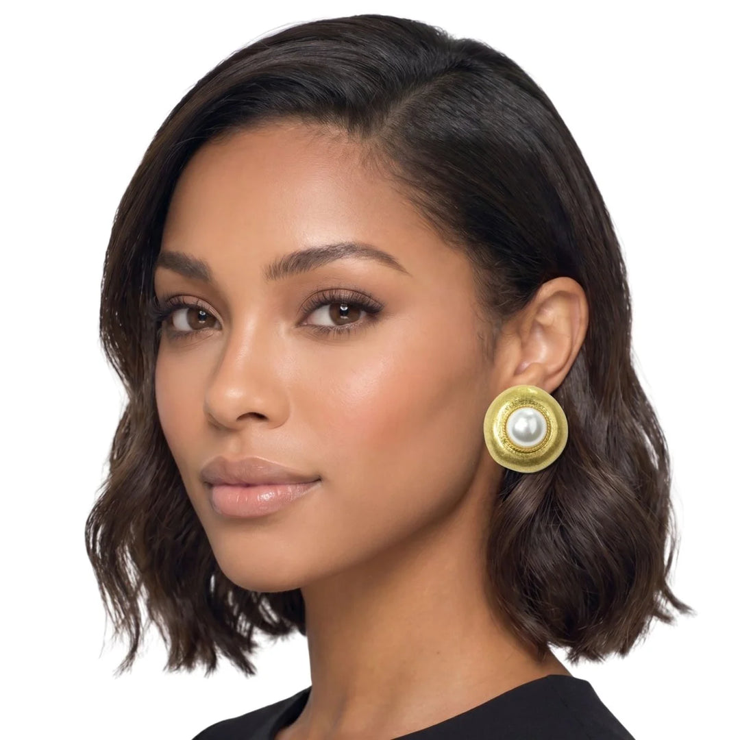 24K GOLD TONE WATER-RESISTANT OVERSIZED PEARL BUTTON STUD EARRINGS