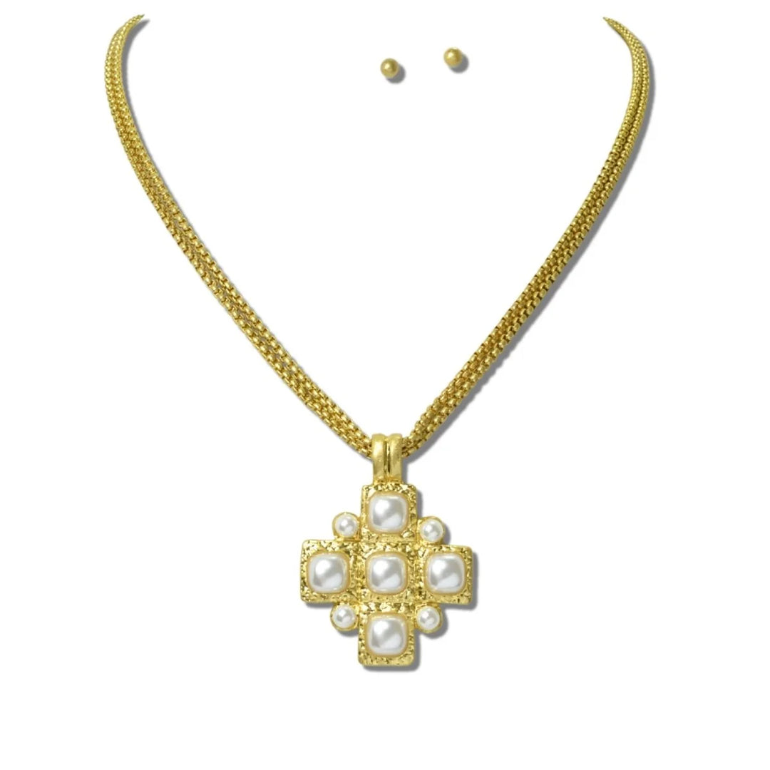 24K GOLD TONE WATER RESISTANT PEARL CROSS PENDANT NECKLACE, 113718