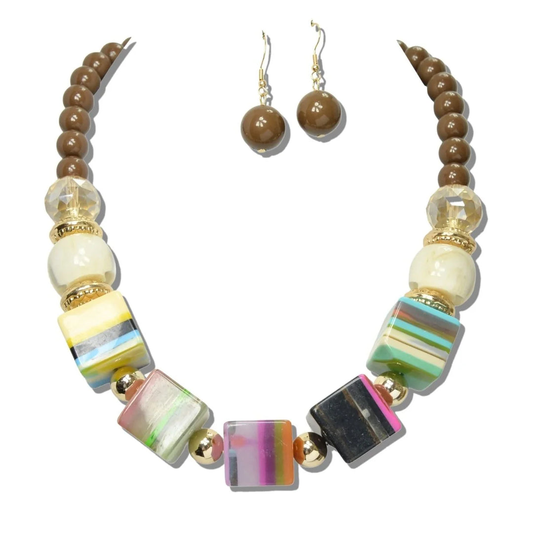 STRIPED RESIN CUBE AND MIXED BEAD STATEMENT NECKLACE