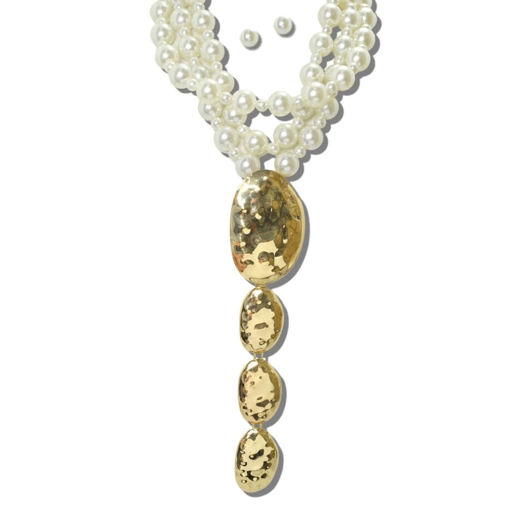 MULTI STRAND PEARL BEAD AND HAMMERED METALLIC Y-DROP STATEMENT NECKLACE