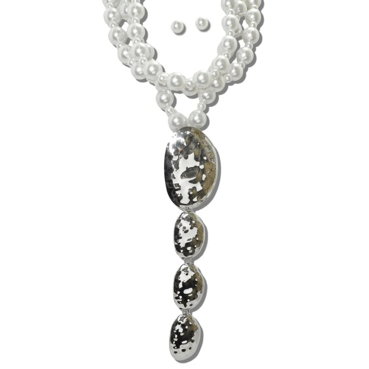 MULTI STRAND PEARL BEAD AND HAMMERED METALLIC Y-DROP STATEMENT NECKLACE