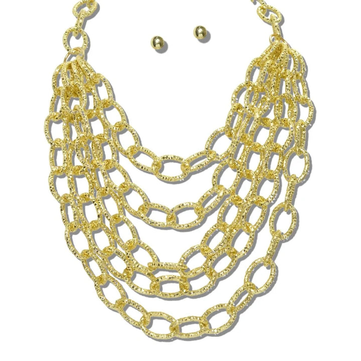 MULTI STRAND TEXTURED LINK CHAIN STATEMENT BIB NECKLACE