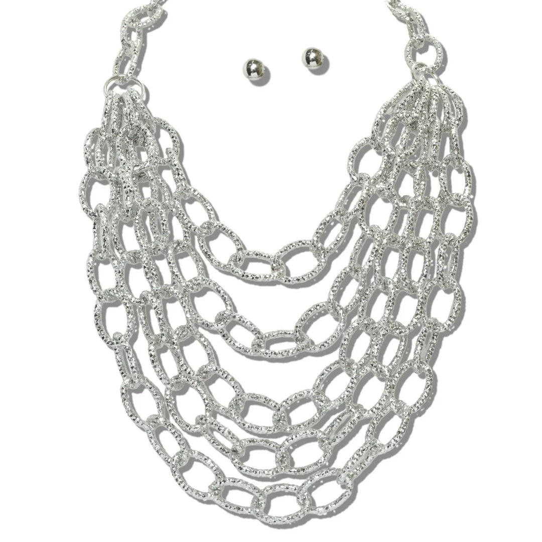 MULTI STRAND TEXTURED LINK CHAIN STATEMENT BIB NECKLACE