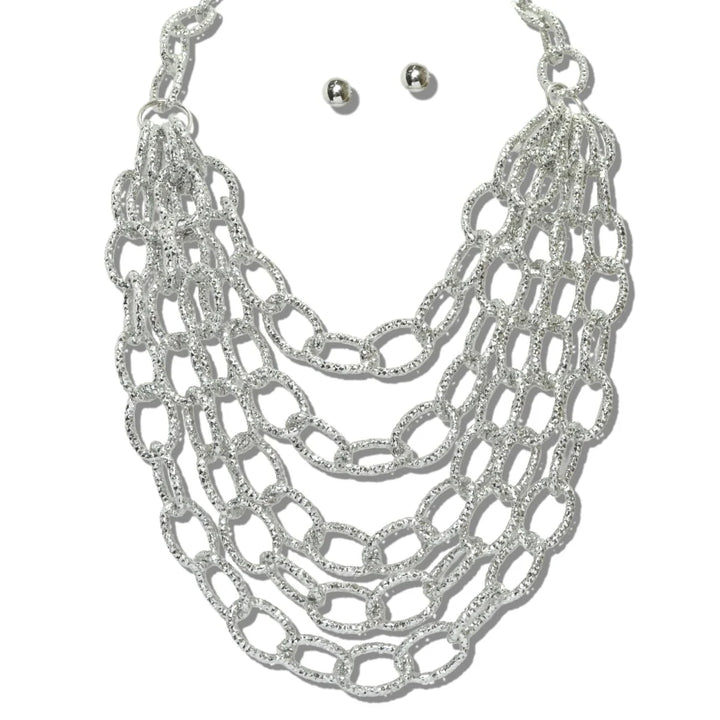 MULTI STRAND TEXTURED LINK CHAIN STATEMENT BIB NECKLACE