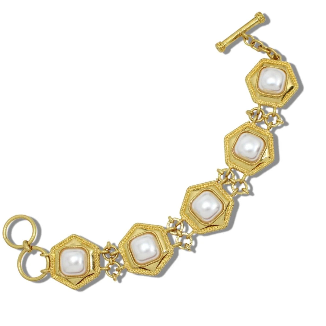 WATER RESISTANT HEXAGON LINK SQUARE PEARL CABOCHON TOGGLE BRACELET