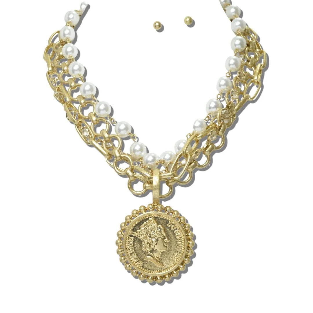 WATER RESISTANT MULTI STRAND COIN PENDANT AND PEARL BEADED NECKLACE