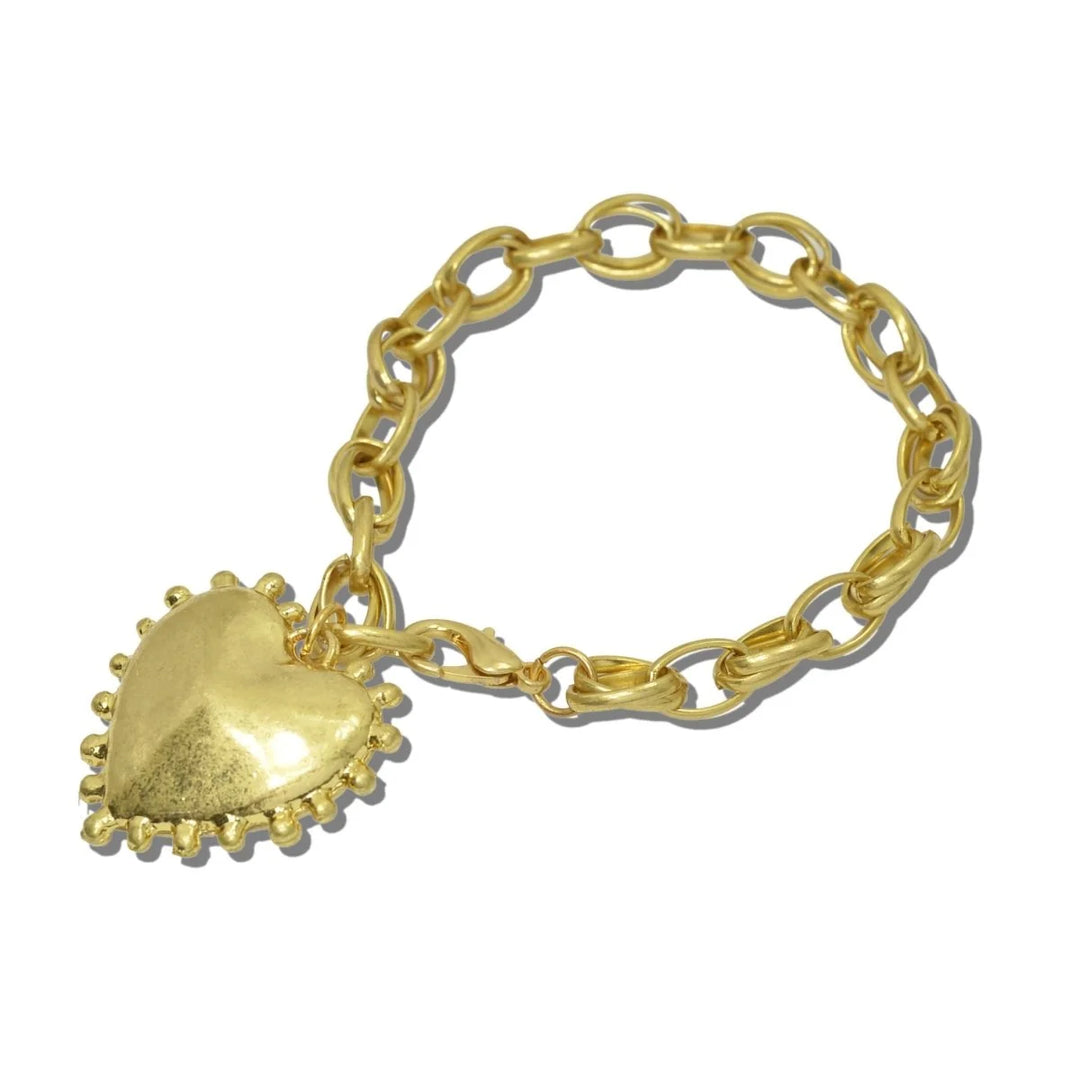 WATER RESISTANT 24K GOLD TONE BEADED EDGE PUFFED HEART CHARM LINK BRACELET
