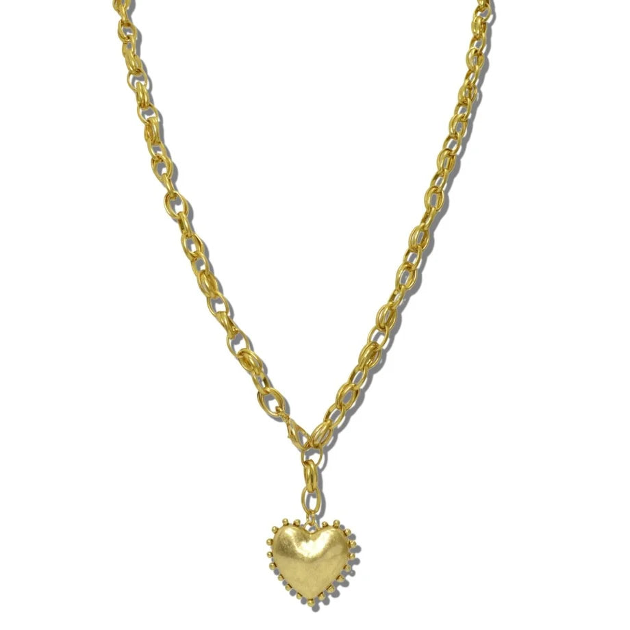 WATER RESISTANT 24K GOLD TONE BEADED EDGE PUFFED HEART PENDANT NECKLACE