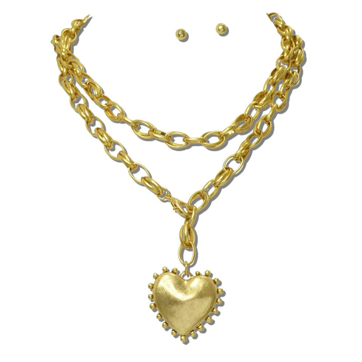 WATER RESISTANT 24K GOLD TONE BEADED EDGE PUFFED HEART PENDANT NECKLACE