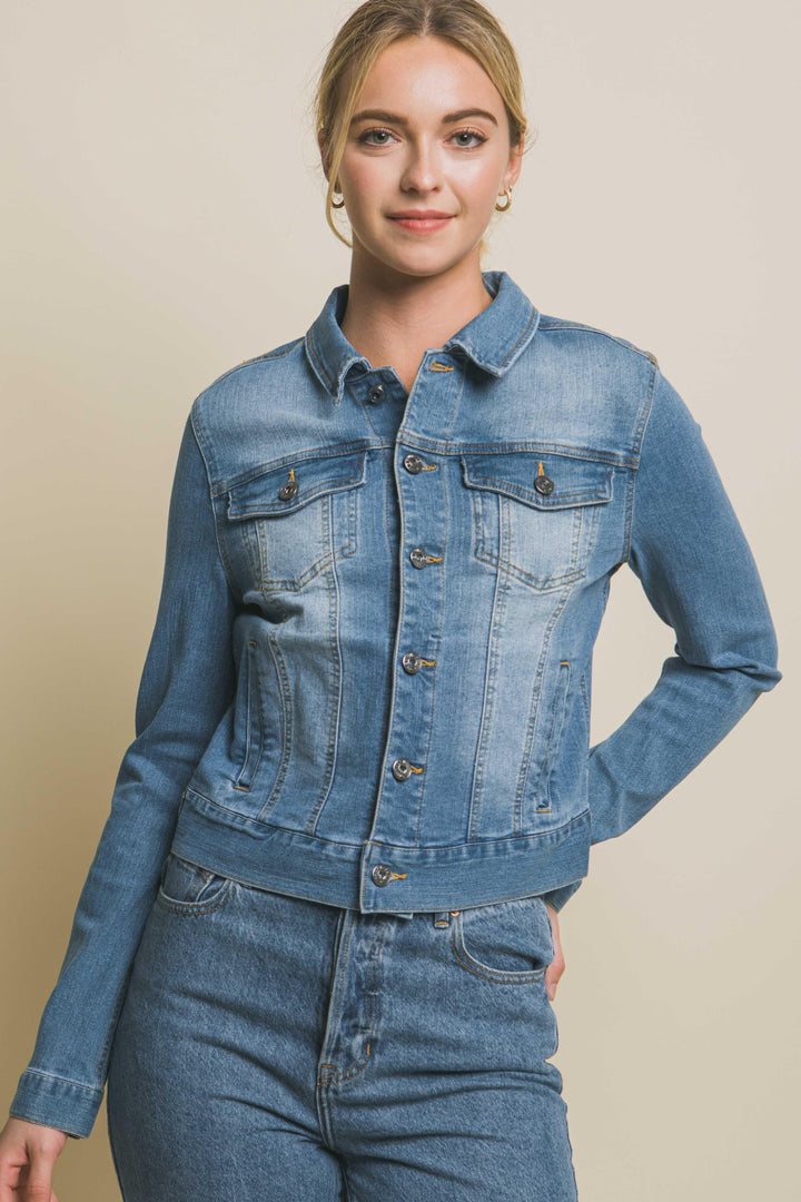Distressed Button Up Stretchy Cotton Denim Jacket