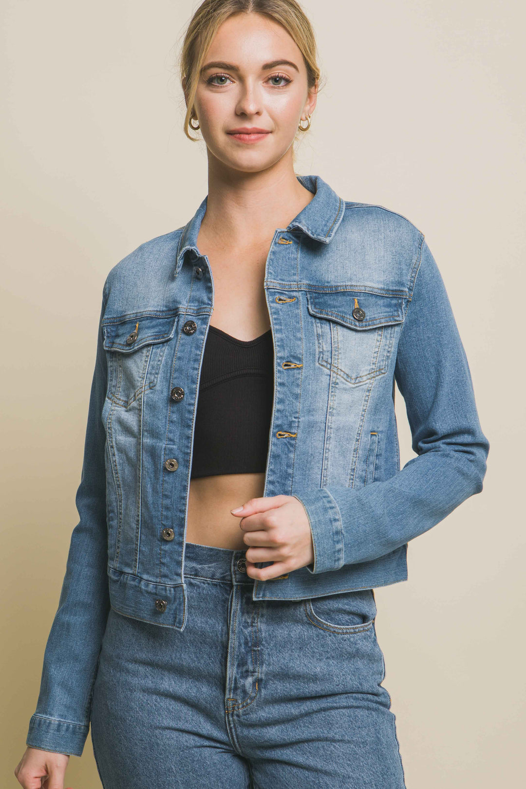 Distressed Button Up Stretchy Cotton Denim Jacket