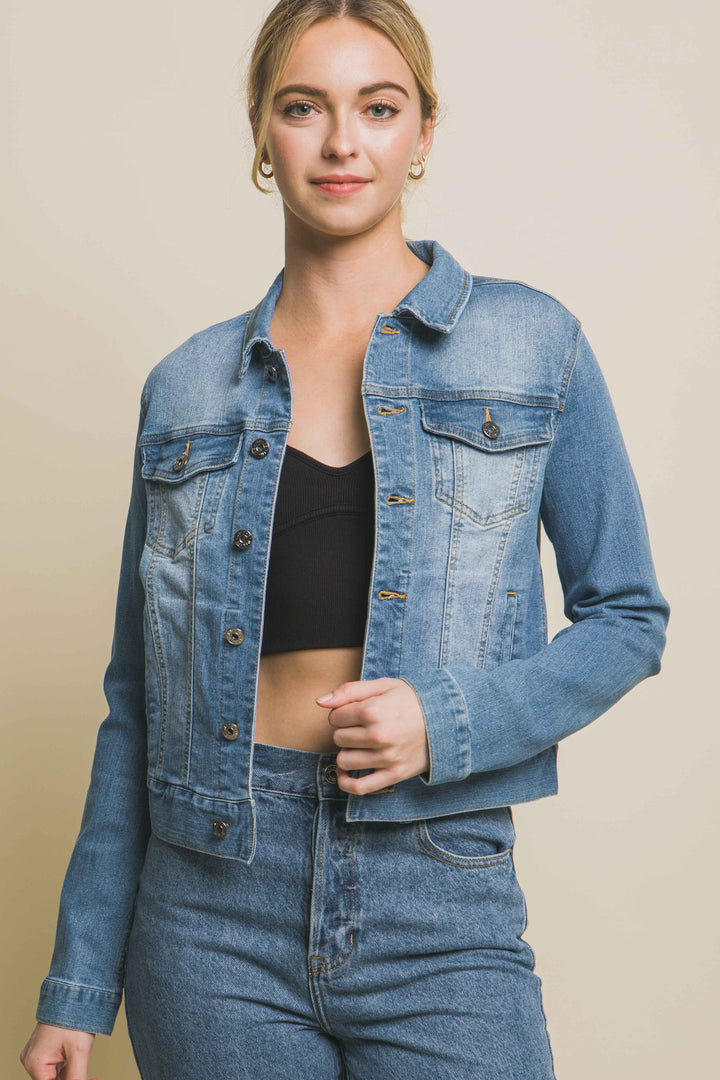 Distressed Button Up Stretchy Cotton Denim Jacket