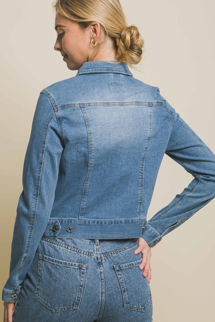 Distressed Button Up Stretchy Cotton Denim Jacket
