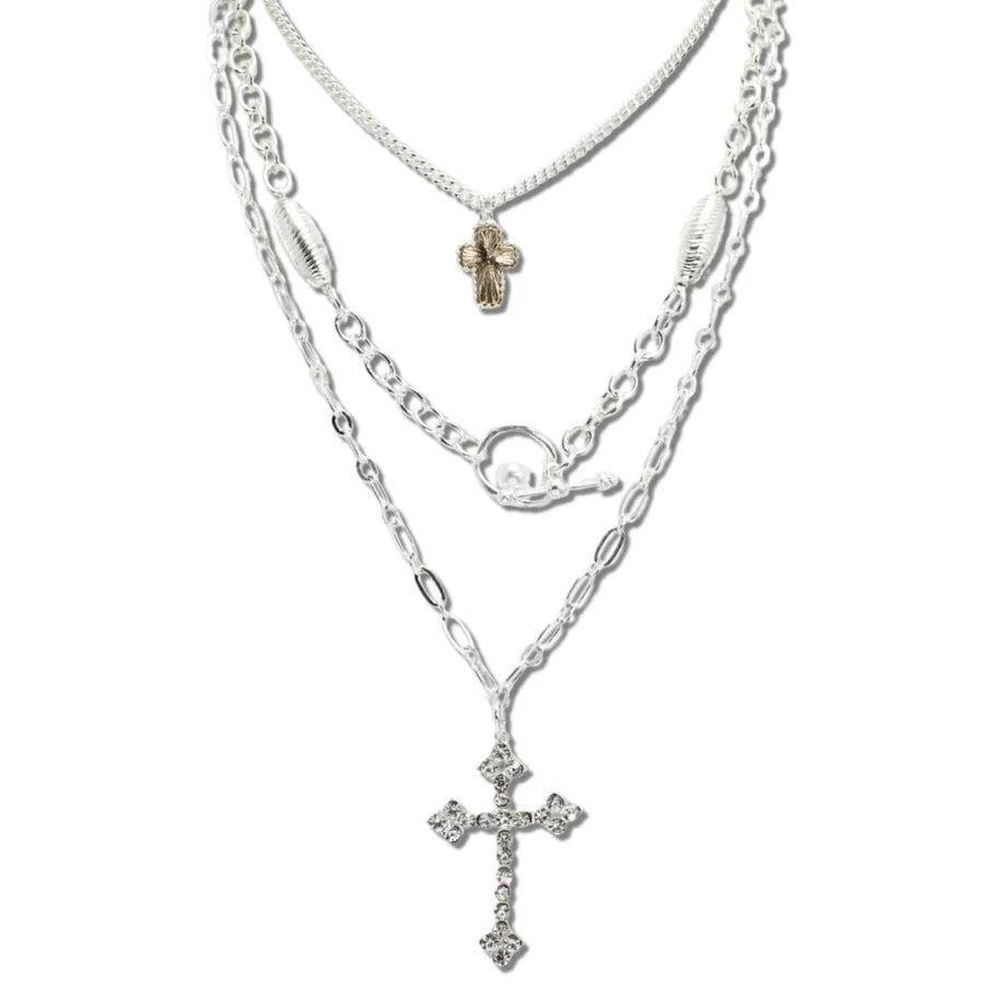 TRIPLE LAYER CROSS PENDANT NECKLACE