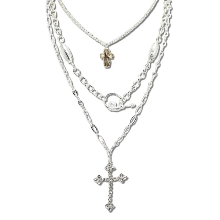 TRIPLE LAYER CROSS PENDANT NECKLACE